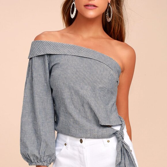 Free People Striped Off-Shoulder Blouse - Blue and White - Picture 1 of 10